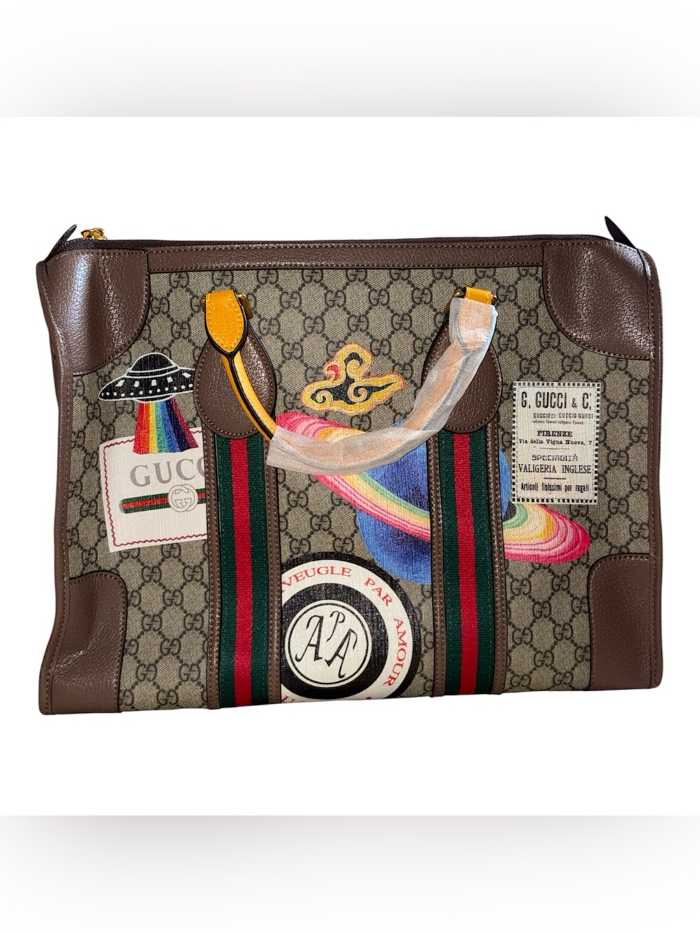 $175 FIRM Fashion Lux Brown/Beige Monogram Tote with Rainbow Patchwork